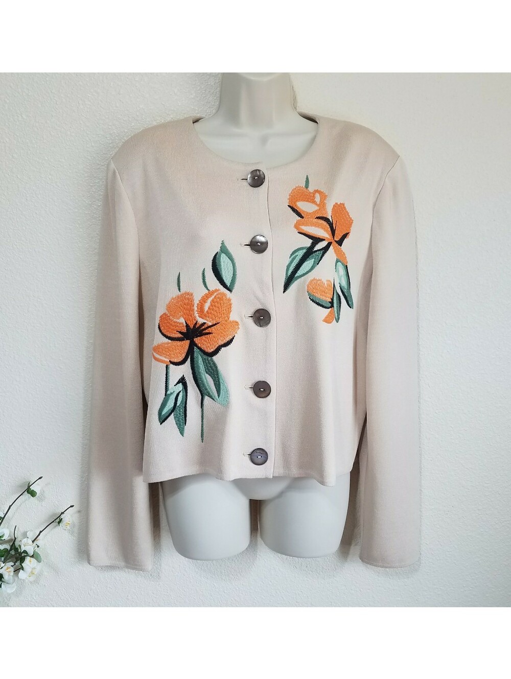 Misook Heritage Floral Embroidered Flat Knit Cardigan
